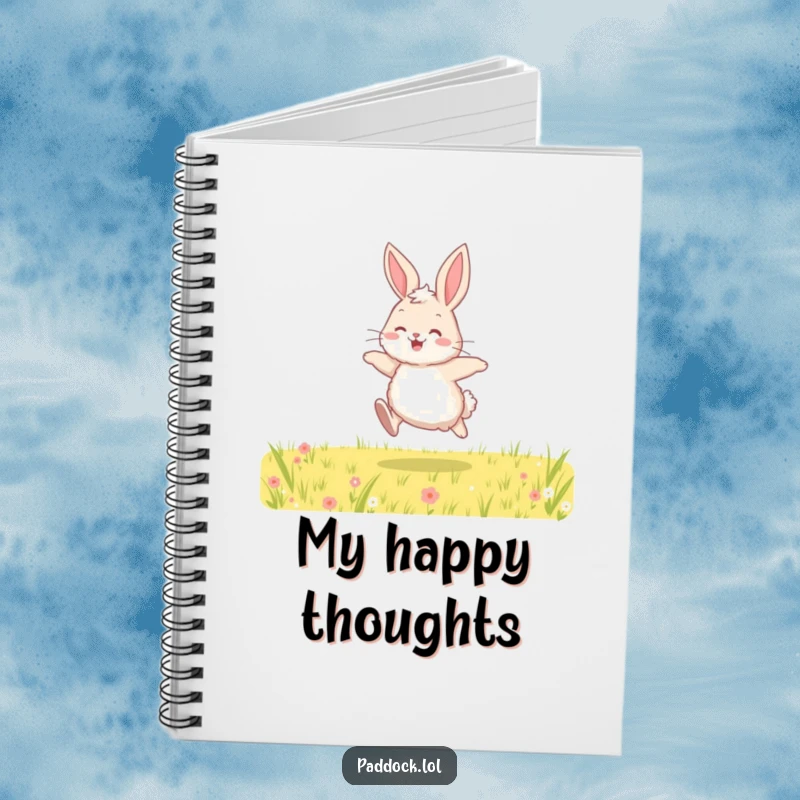 Funny notebook with a fluffy bunny hopping joyfully through a field on the cover, ideal for journaling and note-taking with a cheerful theme.