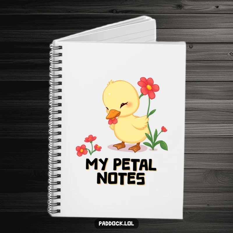 Funny Notebook with a curious duckling pecking at a bright red flower, inspiring gentle and humorous writing.