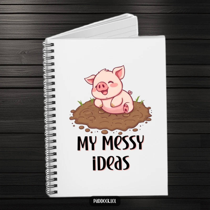 Funny Notebook with a cheerful piglet happily rolling in a muddy patch, inspiring messy and humorous writing.