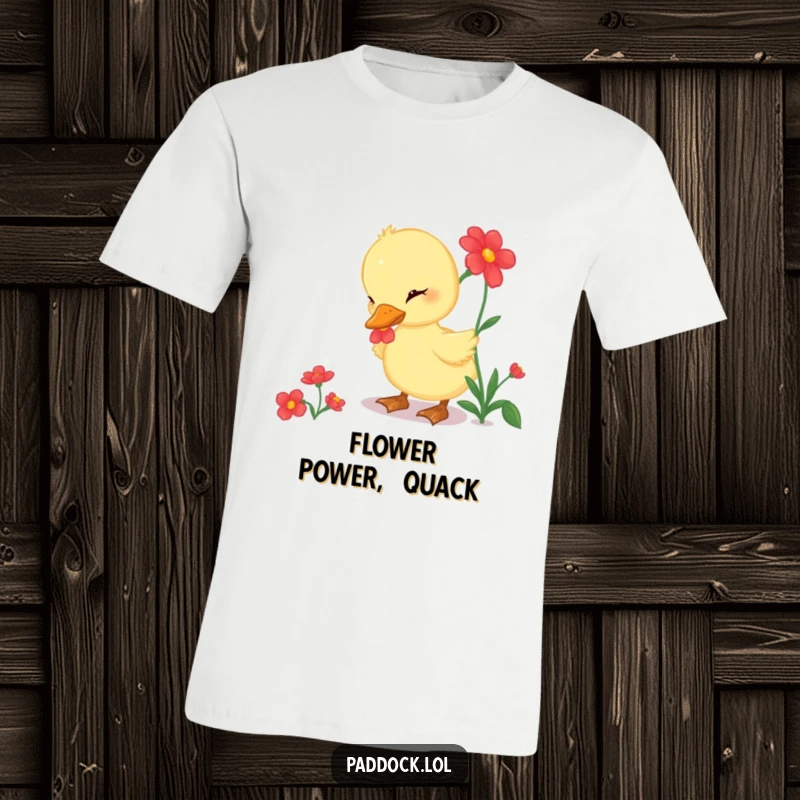 Funny T-Shirt featuring a curious duckling pecking at a bright red flower, a delightful gift for nature enthusiasts.