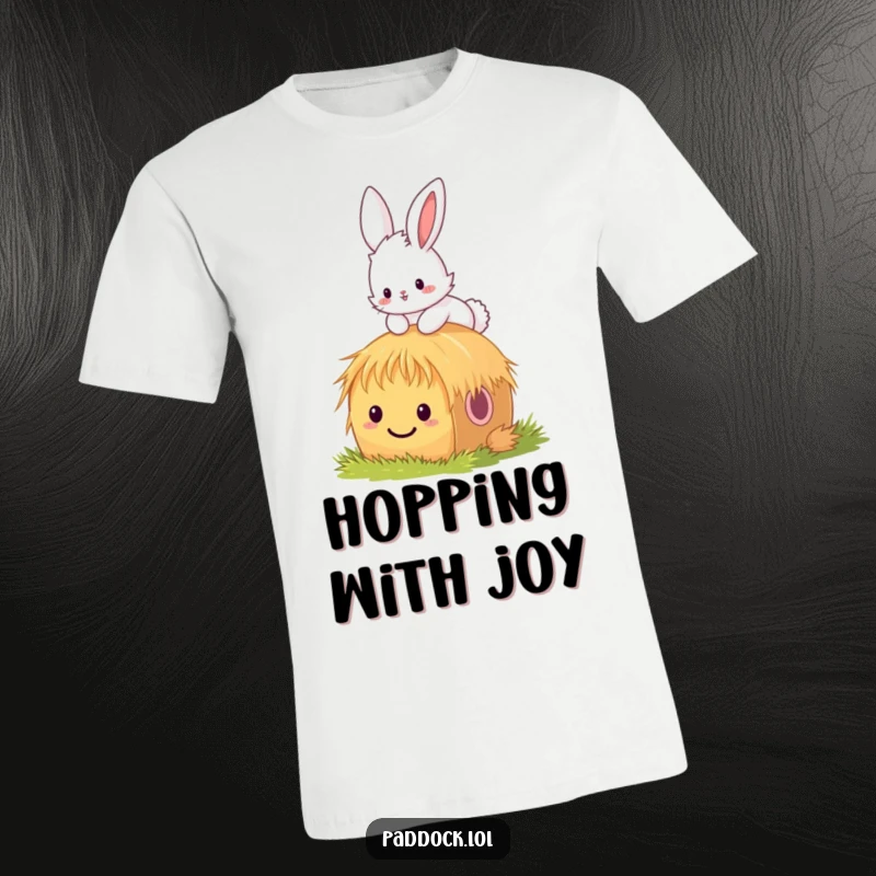 Funny bunny t-shirt of a fluffy bunny mid-hop over a tiny, smiling hay bale, highlighting its cheerful nature and boundless energy.