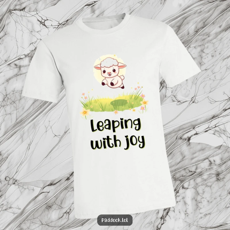 Funny Playful Lamb Leap T-Shirt: A humorous graphic of a lamb leaping through a sunbeam in a meadow, capturing carefree fun.