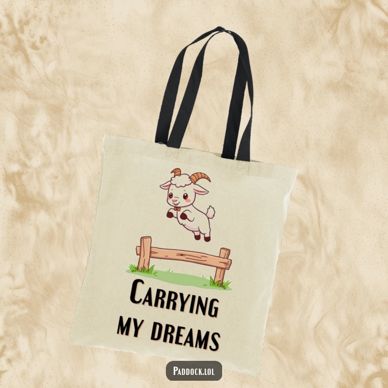 Funny tote bag featuring a goat in mid-leap over a fence, designed for practical use with a humorous and playful animal theme.
