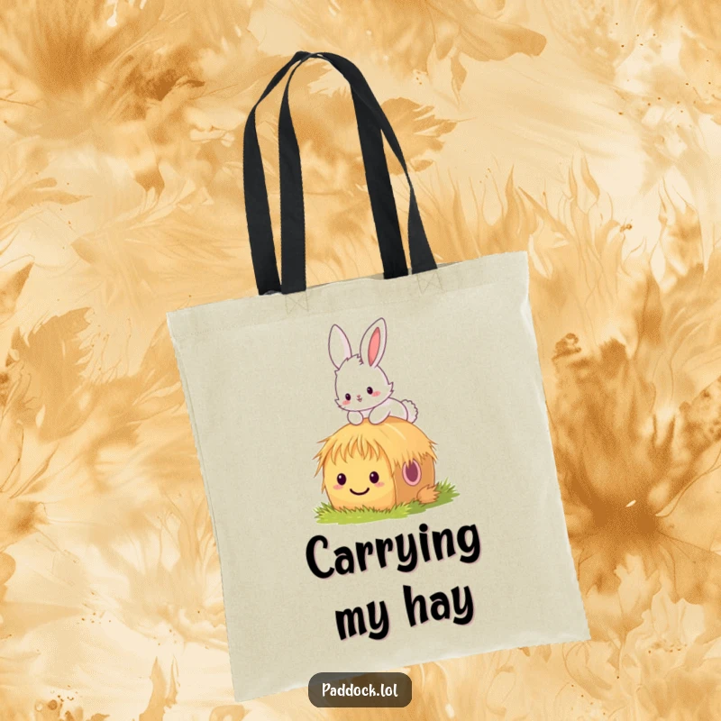 Funny bunny tote bag with a fluffy bunny hopping over a tiny, smiling hay bale, symbolizing a love for nature and cheerful moments.