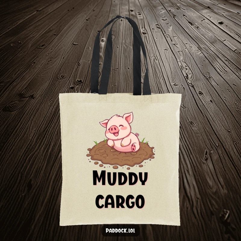 Funny Tote Bag showcasing a cheerful piglet happily rolling in a muddy patch, a practical and humorous accessory.